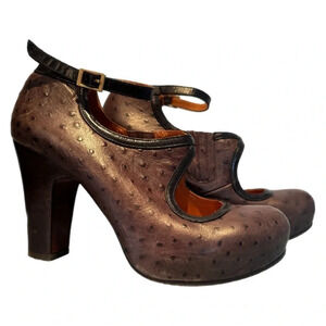 Chie Mihara Ostrich Leather Heels Made In Spain 38 1/2 8.5 Ankle Strap Dust Bag